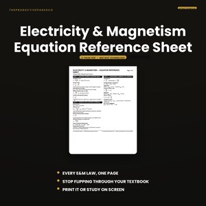 Puede incluir: Una hoja de referencia digital blanca titulada Electricity & Magnetism Equation Reference Sheet, que presenta dos columnas de fórmulas de física, incluyendo la ley de Coulomb, la ley de Gauss y ecuaciones de circuitos, organizadas en unidades.