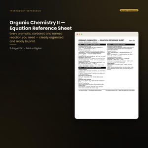 Könnte beinhalten: Ein digitales Dokument mit dem Titel Organic Chemistry II — Equation Reference Sheet, das schwarzen Text auf weißem Hintergrund zeigt. Der Inhalt ist in Einheiten unterteilt, die aromatische Verbindungen, Alkohole, Ether, Epoxide, Aldehyde und Ketone abdecken.