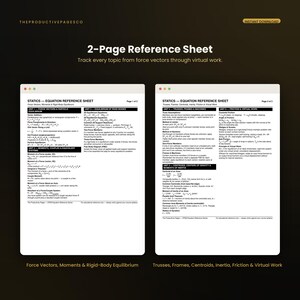 May include: A two-page digital reference sheet for statics, featuring black text on white backgrounds. The pages contain physics equations, unit headers, and technical diagrams for force vectors, equilibrium, trusses, frames, and virtual work.