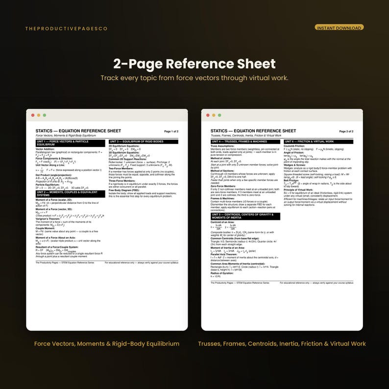 May include: A two-page digital reference sheet for statics, featuring black text on white backgrounds. The pages contain physics equations, unit headers, and technical diagrams for force vectors, equilibrium, trusses, frames, and virtual work.