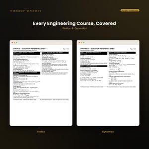 May include: Two white digital reference sheets titled Every Engineering Course, Covered Statics & Dynamics. The left sheet displays Statics equations, while the right sheet displays Dynamics equations, both featuring black text on a white background.
