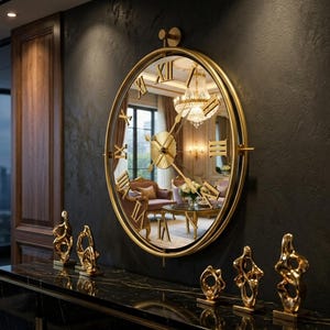 Puede incluir: Un reloj de pared circular con marco dorado y números romanos. La esfera es un espejo que refleja el interior de una habitación. Presenta manecillas doradas finas y un eje central dorado. Cinco esculturas doradas se sitúan bajo el reloj.