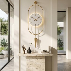 Modern Pendulum Clock, Gold LED Wall Art, Unique Oversized Home Decor, Luxury Metal Decor