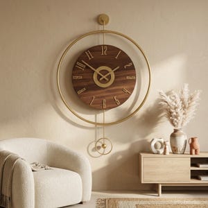 Wood Pendulum Wall Clock, Scandinavian Gold Metal Art, Modern Living Accent (20x30 inches)