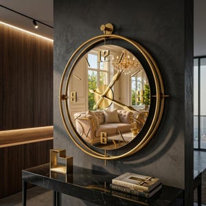Väggklocka med guldspegel, lyxig tyst väggkonst, unik överdimensionerad klocka, modern heminredning