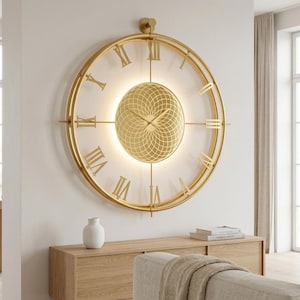 May include: A large circular wall clock with a gold-toned metal frame and matching Roman numerals. The center features a gold geometric lattice pattern with integrated backlighting that casts a soft glow against the wall behind the clock face.