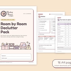 May include: A Room by Room Declutter Pack printable set featuring 16 A4 pages. The cover sheet displays the Healing Spaces with Katzi logo, text, and illustrations of a box, shelf, basket, and chair. Additional sheets include checklists for home organisation.