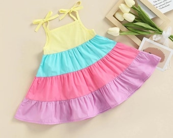 Pastell Regenbogen Tiered Kleinkind Kleid | Mädchen Baumwolle Sommer Gehrock, Color Block Sommerkleid