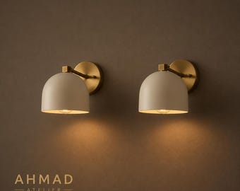 Handmade Brass Wall Sconce, Matte White Metal Shade, Mid Century Modern Light