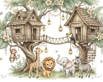 Safari Nursery Wall Art PNG, Watercolor Jungle Animals Treehouse Print, Cute Safari Animals Clipart, Kids Playroom Decor Digital Download
