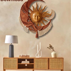 Terracotta Sun Moon Macrame Wall Art Print, Celestial Boho Hanging Printable, Burnt Orange Aesthetic Home Decor, Digital Download Poster