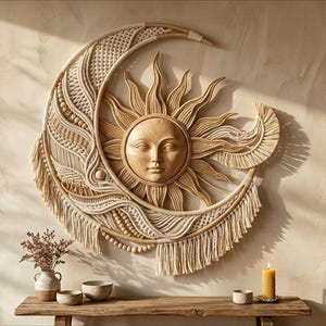 May include: A large wall hanging featuring a central wooden sun face surrounded by a crescent moon made of intricate beige macrame cord. The design incorporates knotted patterns, fringe, and wooden beads, creating a textured, layered celestial display.