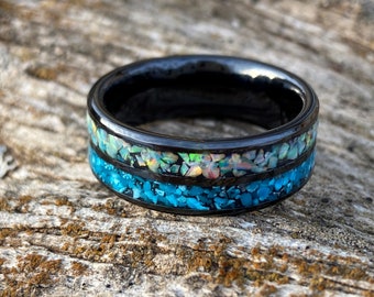 Black Zirconium Ceramic Ring, Dual Channel inlay, Turquoise, White Opal, Wedding Ring, Engagement ring