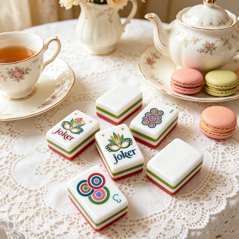 May include: A set of rectangular mahjong tiles featuring white surfaces with green and red bases. Two tiles display a colorful mask graphic with the text joker, while others show circular patterns or are blank. The tiles are arranged on a white lace cloth.