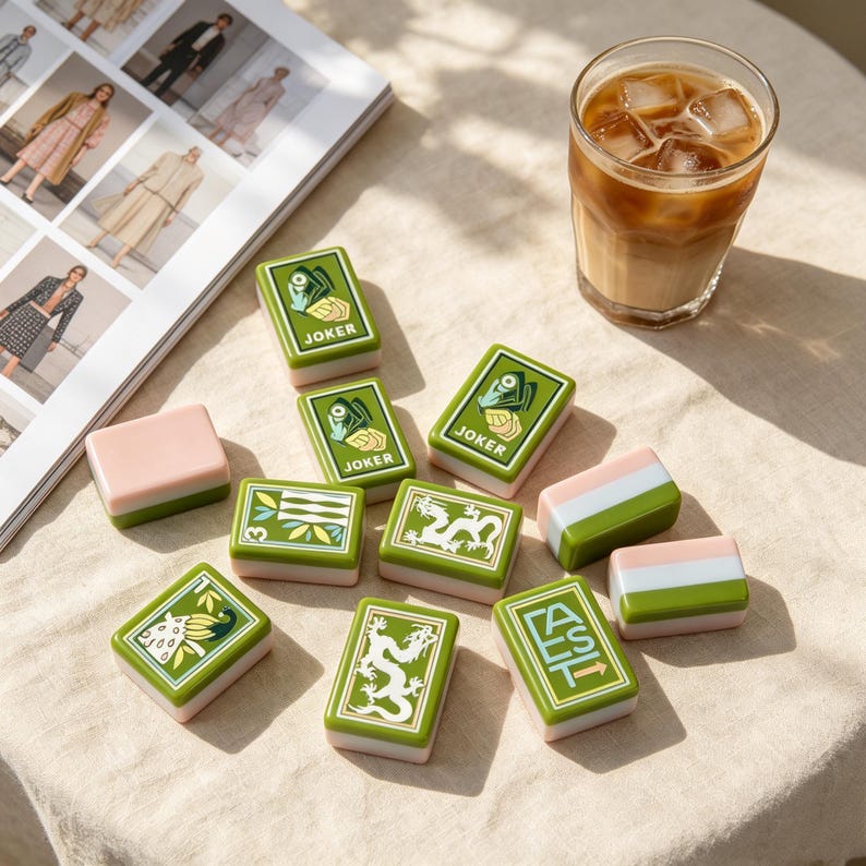 May include: A set of rectangular mahjong tiles featuring green and white designs, including two tiles labeled JOKER, one with a dragon, one with a peacock, one with the word EAST and an arrow, and several plain tiles with pink and green stripes.