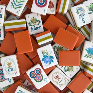 Modern Orange Acrylic Mahjong Set – Floral Design Tiles with Joker Pieces, Luxury Handmade Board Game Set, Gift for Game Lovers image 1