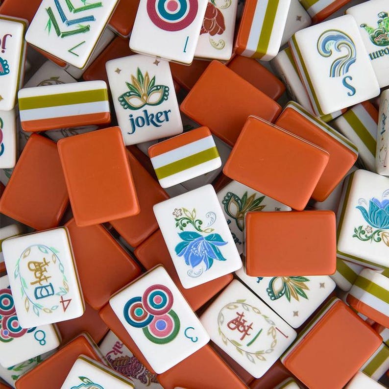 Modern Orange Acrylic Mahjong Set – Floral Design Tiles with Joker Pieces, Luxury Handmade Board Game Set, Gift for Game Lovers image 1