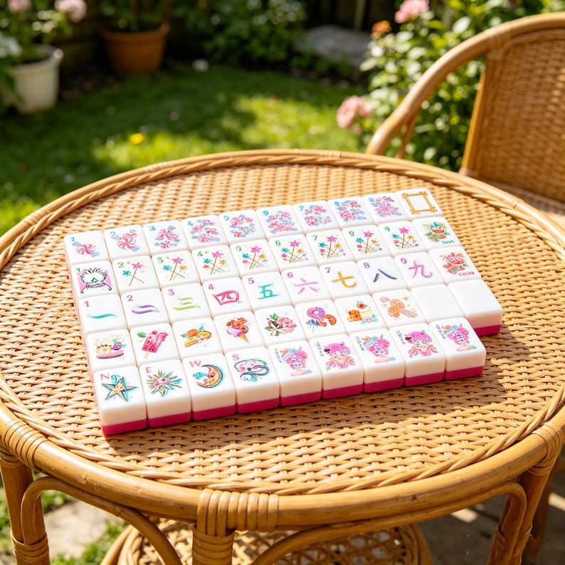 May include: A set of white mahjong tiles with pink bases, arranged in a rectangular grid. Each tile features colorful illustrations of sweets, desserts, flowers, and various symbols, including numbers and letters like N, E, W, and S in red and blue.