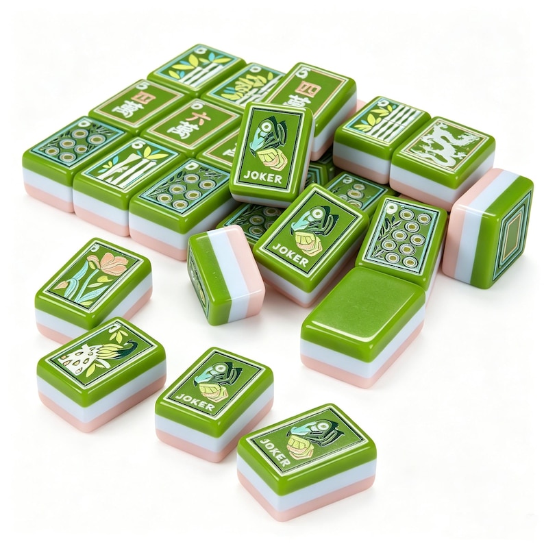 May include: A collection of rectangular mahjong tiles featuring green tops with various illustrations, including bamboo, floral patterns, Chinese characters, and tiles labeled JOKER. Each tile has a white middle layer and a light pink base layer.