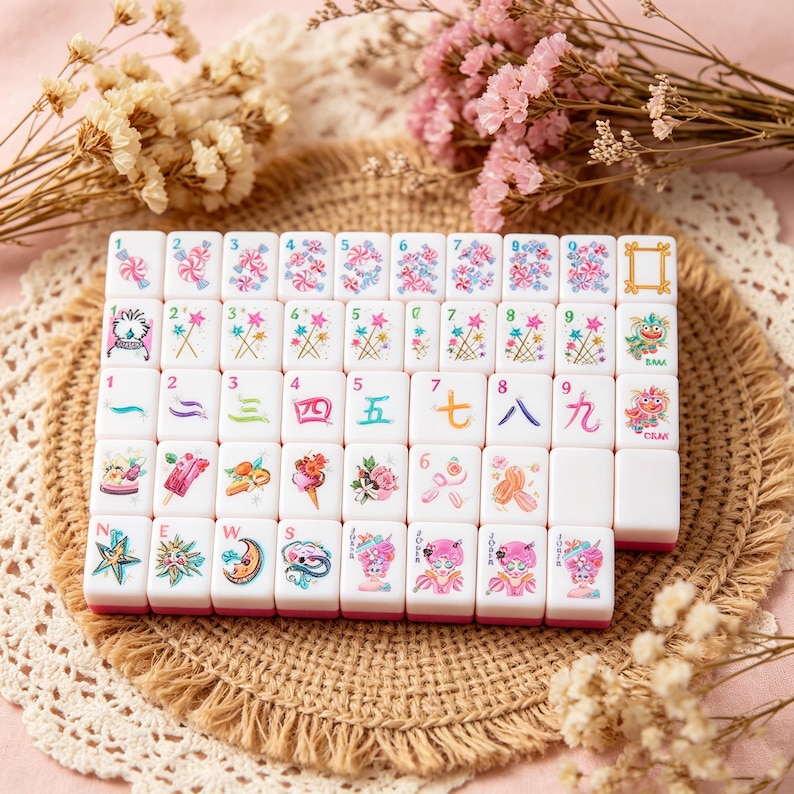 May include: A set of white mahjong tiles arranged in a grid, featuring colorful illustrations of candy, flowers, numbers, and cartoon characters. The tiles have pink bases and display various symbols, including stars, moons, and text like NEWS.