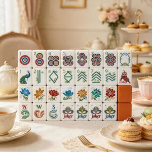 May include: A set of white rectangular mahjong tiles arranged in a grid, featuring colorful illustrations of numbers, bamboo, flowers, directional letters N, W, S, and the word joker. Two solid orange tiles are positioned at the bottom right.