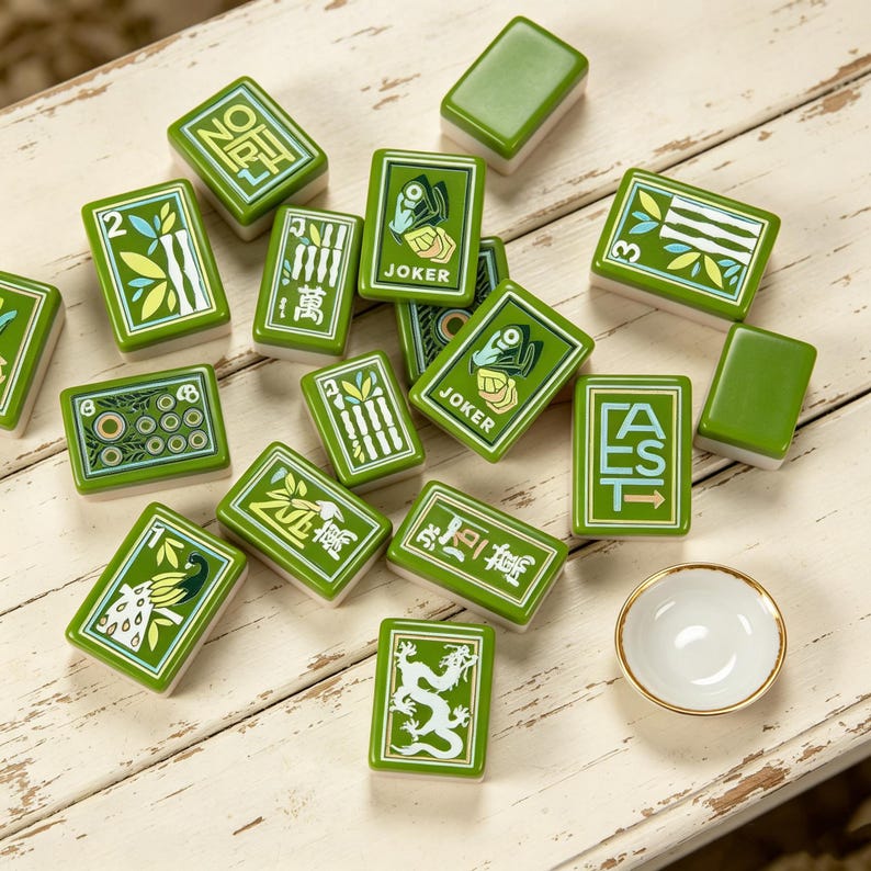 May include: A collection of rectangular green Mahjong tiles featuring various illustrations including a dragon, peacock, bamboo, and the text JOKER, NORTH, and EAST, alongside a small white ceramic bowl with a gold rim, scattered on a white surface.
