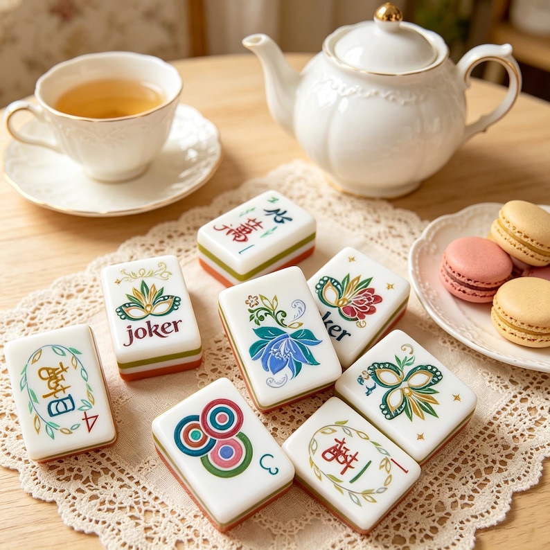 May include: A set of white mahjong tiles featuring colorful floral, joker, and circular patterns, arranged on a lace doily alongside a white teapot, a teacup filled with tea, and a small plate containing three pastel-colored macarons.