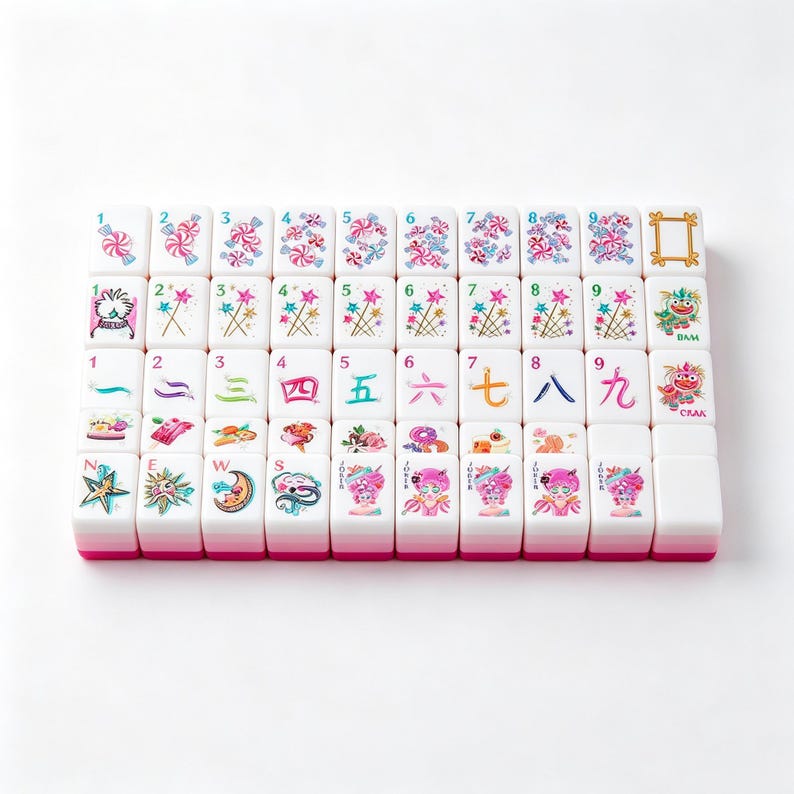 May include: A set of white mahjong tiles with pink bases, featuring colorful illustrations of candies, stars, numbers, Chinese characters, and whimsical characters. The tiles are arranged in a grid, displaying various icons including sweets, wands, and text.