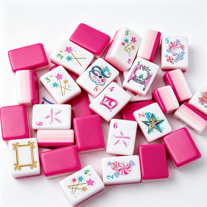 May include: A collection of rectangular mahjong tiles in shades of pink and white. The tiles feature various illustrations including pink and teal wands with stars, pink candies, a gold frame, a stylized star, and Chinese characters in pink ink.