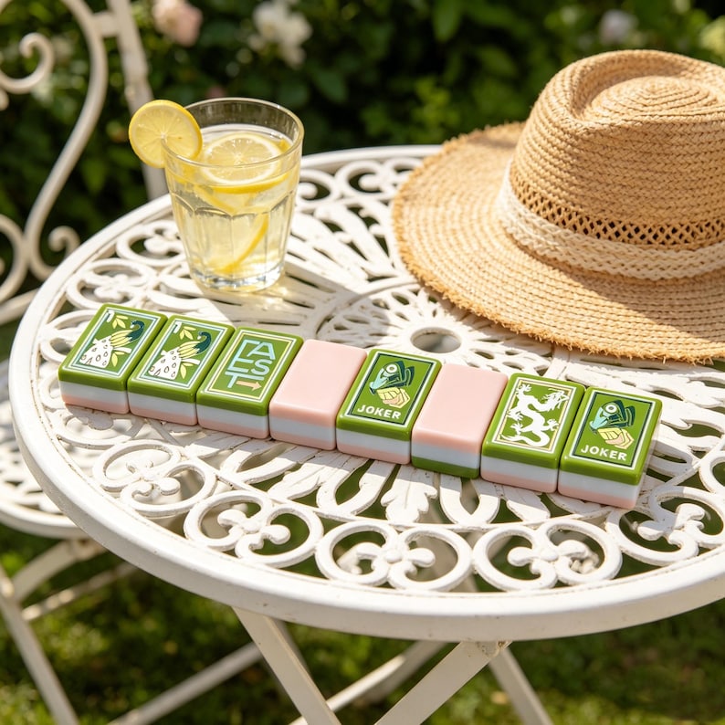 May include: A row of eight rectangular mahjong tiles arranged on a white table. The tiles feature green and pink color blocks with printed designs including birds, the word EAST with an arrow, a dragon, and the word JOKER with a hand illustration.