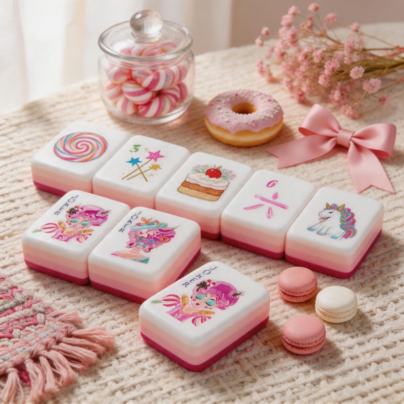 May include: A set of white mahjong tiles with pink gradient bases, featuring colorful illustrations of lollipops, stars, cakes, unicorns, and stylized characters. The tiles are arranged alongside a glass jar of pink candies, a donut, and a pink bow.