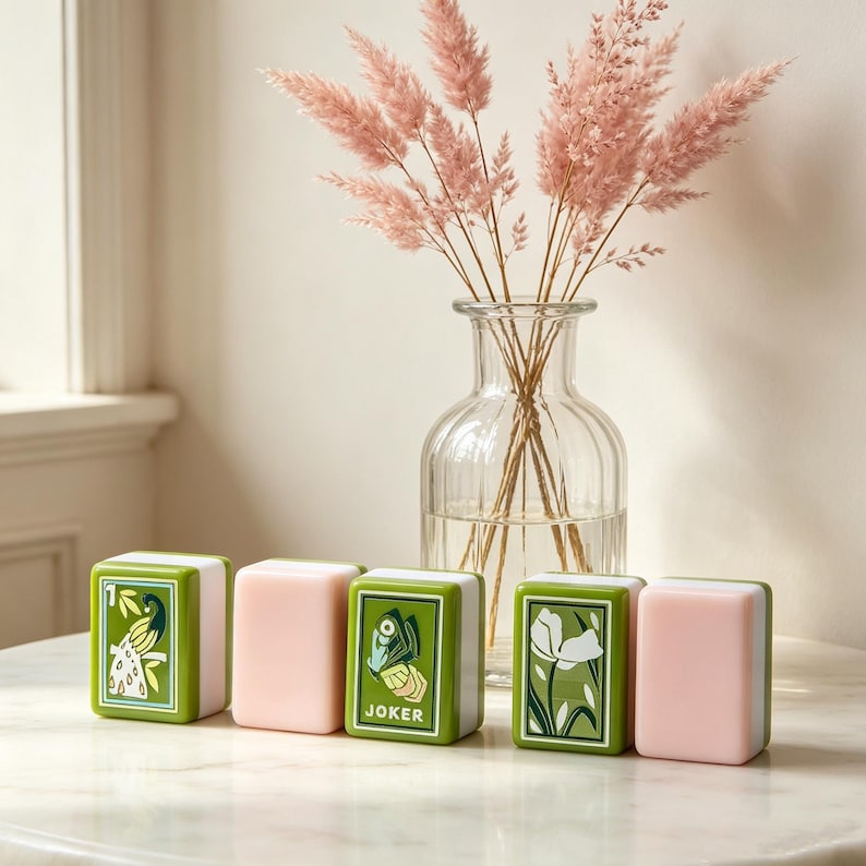 May include: A set of five rectangular mahjong tiles arranged in a row, featuring alternating green tiles with white illustrations of a peacock, a joker, and a flower, and solid light pink tiles, positioned in front of a clear glass vase with pink grass.