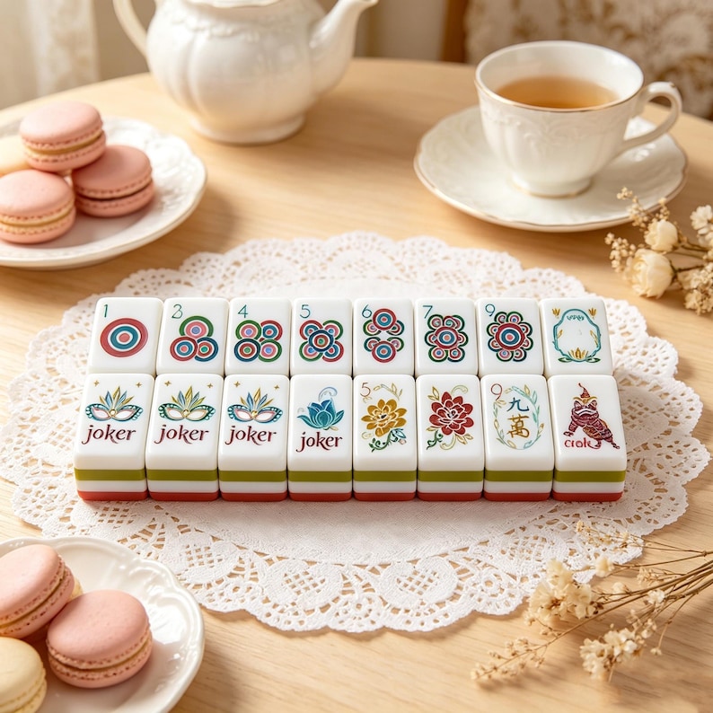 May include: A set of white rectangular mahjong tiles arranged in two rows, featuring colorful floral, numerical, and joker designs. The tiles display numbers 1 through 9, joker labels, and intricate illustrations of flowers, masks, and a dragon.