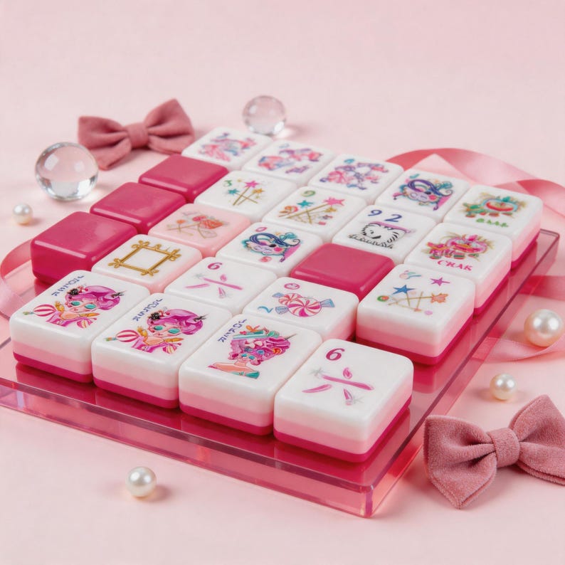May include: A set of rectangular mahjong tiles arranged in a grid on a clear acrylic tray. The tiles feature a white top surface with colorful illustrations of cartoon characters, candy, and numbers, and a solid pink base. Two pink fabric bows.