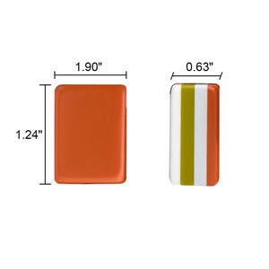 May include: Two rectangular enamel pins. The left pin is solid orange, measuring 1.90 inches wide by 1.24 inches high. The right pin features vertical stripes of olive green, white, and orange, with a width of 0.63 inches.