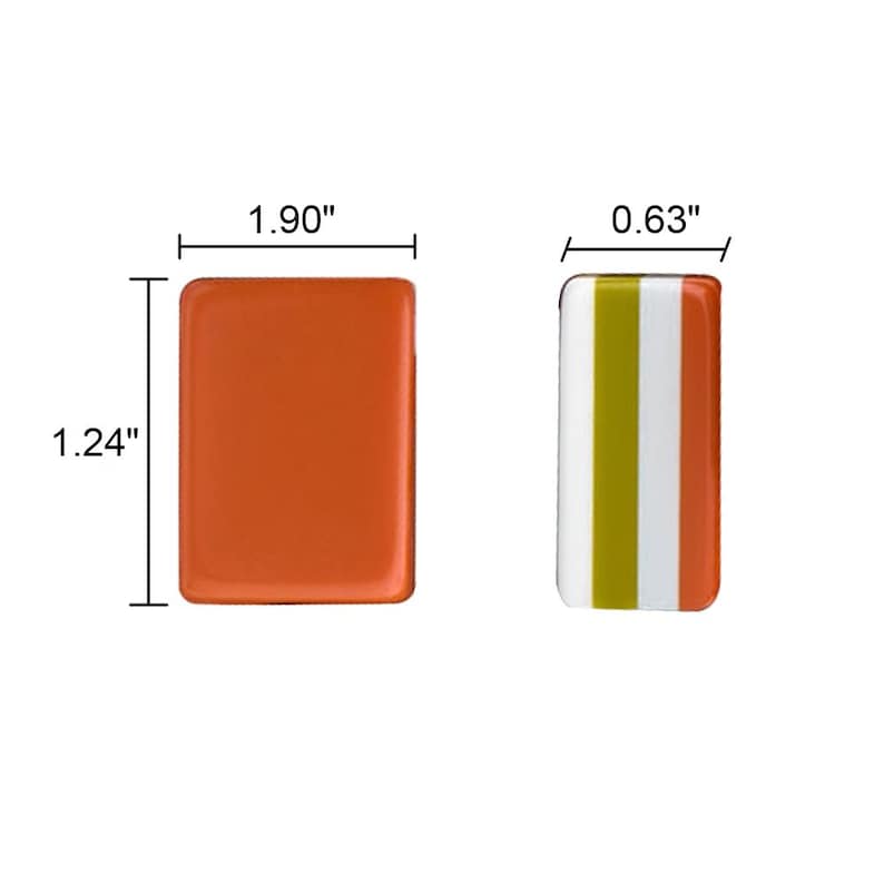 May include: Two rectangular enamel pins. The left pin is solid orange, measuring 1.90 inches wide by 1.24 inches high. The right pin features vertical stripes of olive green, white, and orange, with a width of 0.63 inches.