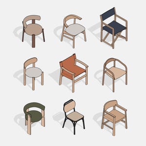 May include: A collection of nine isometric chair illustrations featuring various designs, including wooden frames with light beige, dark gray, and terracotta fabric seats, curved backrests, and straight legs in a variety of neutral color tones.