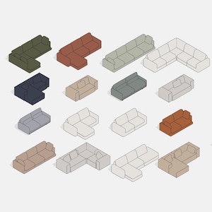 May include: A collection of sixteen isometric sofa illustrations displayed in a grid. The set includes various configurations such as L-shaped sectionals and standard rectangular sofas in diverse colors including olive, rust, gray, and beige.