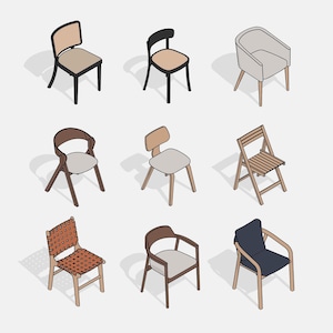 May include: A collection of nine distinct chairs displayed in an isometric view. The set includes various designs featuring wooden frames, woven seats, upholstered cushions, and folding mechanisms in neutral tones of brown, black, gray, and beige.