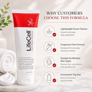 May include: A white and red tube of LifeCell South Beach Skincare all-in-one anti-aging treatment with a net weight of 2.54 oz. The packaging lists benefits including lightweight cream texture, fragrance-free formula, and 75g size.