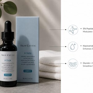 Pu&ograve; includere: Un flacone contagocce in vetro scuro e una scatola rettangolare azzurra di siero peptidico antirughe Skin Ceutic P-Tiox. L'etichetta e la scatola riportano 30 ml / 1 fl oz. Le icone infografiche elencano 5% complesso peptidico, Niacinamide, Adenosina, Acido Glicolico e Hepes.