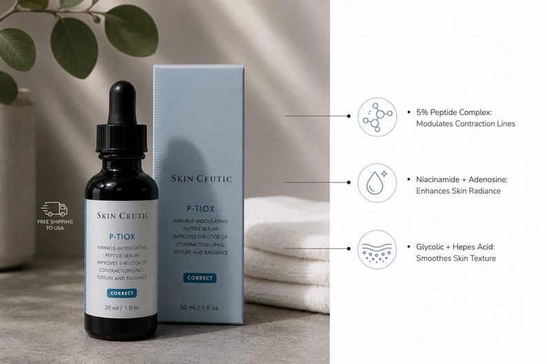 Pu&ograve; includere: Un flacone contagocce in vetro scuro e una scatola rettangolare azzurra di siero peptidico antirughe Skin Ceutic P-Tiox. L'etichetta e la scatola riportano 30 ml / 1 fl oz. Le icone infografiche elencano 5% complesso peptidico, Niacinamide, Adenosina, Acido Glicolico e Hepes.