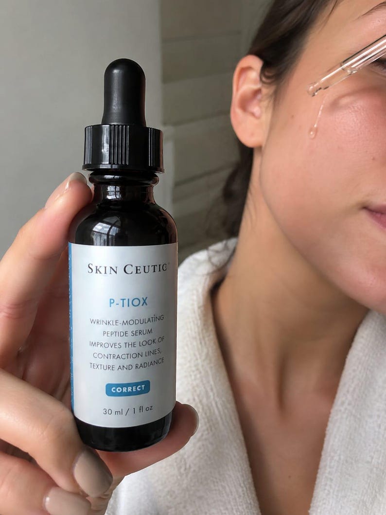Pu&ograve; includere: Un flacone contagocce in vetro scuro di siero peptidico modulatore di rughe Skin Ceutic P-Tiox. L'etichetta bianca presenta accenti blu e il testo: Skin Ceutic, P-Tiox, wrinkle-modulating peptide serum, improves the look of contraction lines, texture and radiance, Correct, 30 ml / 1 fl oz.