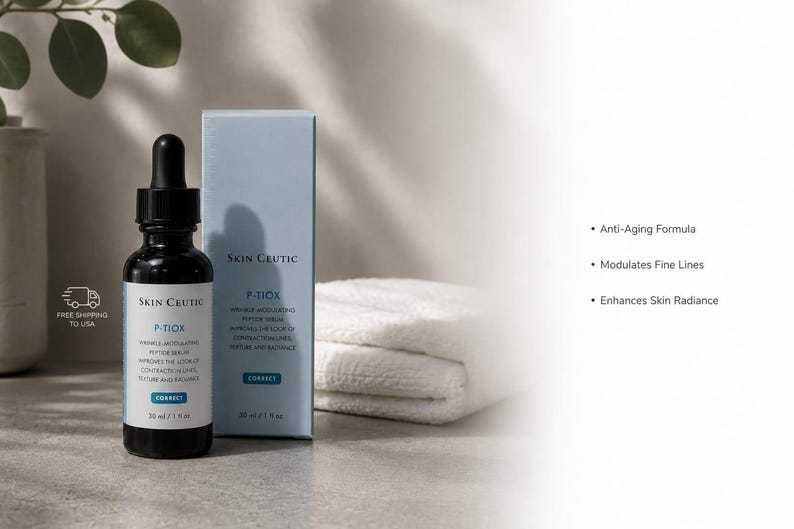 Pu&ograve; includere: Un flacone contagocce in vetro scuro e una scatola rettangolare azzurra di siero peptidico modulatore di rughe Skin Ceutic P-TIOX. L'etichetta e la scatola indicano che migliora l'aspetto delle rughe, la consistenza e la luminosit&agrave;, 30 ml.