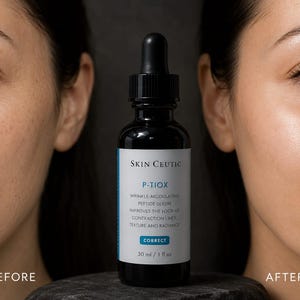 Pu&ograve; includere: Un flacone contagocce in vetro nero contenente il siero peptidico modulatore di rughe Skin Ceutic P-TIOX. L'etichetta bianca presenta un testo blu che recita P-TIOX, wrinkle-modulating peptide serum, improves the look of contraction lines, texture and radiance, 30 ml / 1 fl oz.