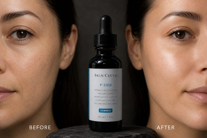 Pu&ograve; includere: Un flacone contagocce in vetro nero contenente il siero peptidico modulatore di rughe Skin Ceutic P-TIOX. L'etichetta bianca presenta un testo blu che recita P-TIOX, wrinkle-modulating peptide serum, improves the look of contraction lines, texture and radiance, 30 ml / 1 fl oz.