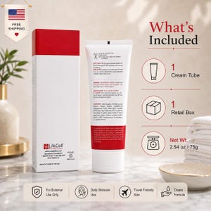 May include: A white and red LifeCell skincare cream tube and its matching rectangular retail box. The tube features printed directions, warnings, and ingredients. The set includes one cream tube and one retail box with a net weight of 2.54 oz.