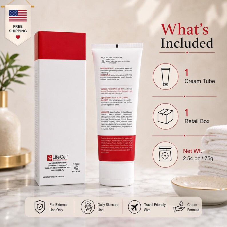 May include: A white and red LifeCell skincare cream tube and its matching rectangular retail box. The tube features printed directions, warnings, and ingredients. The set includes one cream tube and one retail box with a net weight of 2.54 oz.