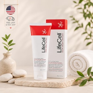 May include: A white and red LifeCell South Beach Skincare tube and matching box, both labeled as an All-In-One Anti-Aging Treatment. The packaging features a molecular icon, lists benefits like anti-wrinkle and firming, and states Net Wt. 2.54 oz.