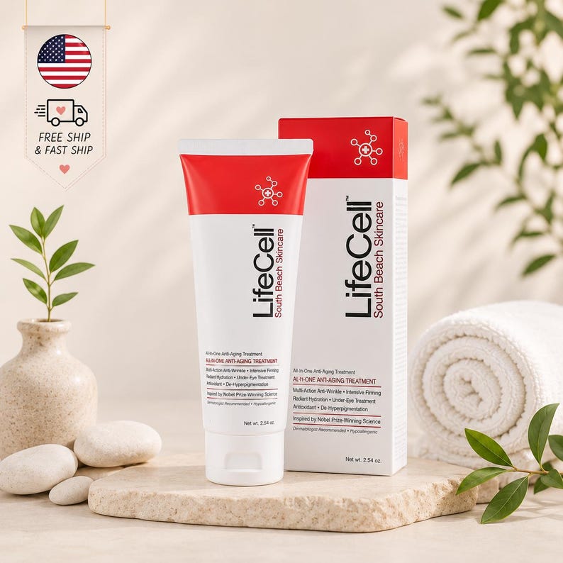May include: A white and red LifeCell South Beach Skincare tube and matching box, both labeled as an All-In-One Anti-Aging Treatment. The packaging features a molecular icon, lists benefits like anti-wrinkle and firming, and states Net Wt. 2.54 oz.